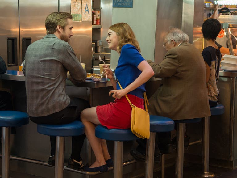 Ryan Gosling and Emma Stone at Grand Central Market in "La La Land"