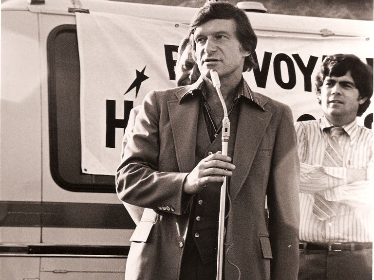 Hugh Hefner speaks at the Hollywood Sign "bon voyage" press conference in 1978