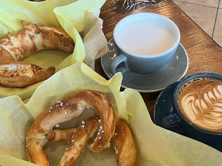 Lattes and pretzels at Coffee Tomo in Sawtelle Japantown