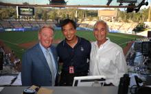 Vin Scully, Jon SooHoo and Sandy Koufax at Dodger Stadium in August 2012