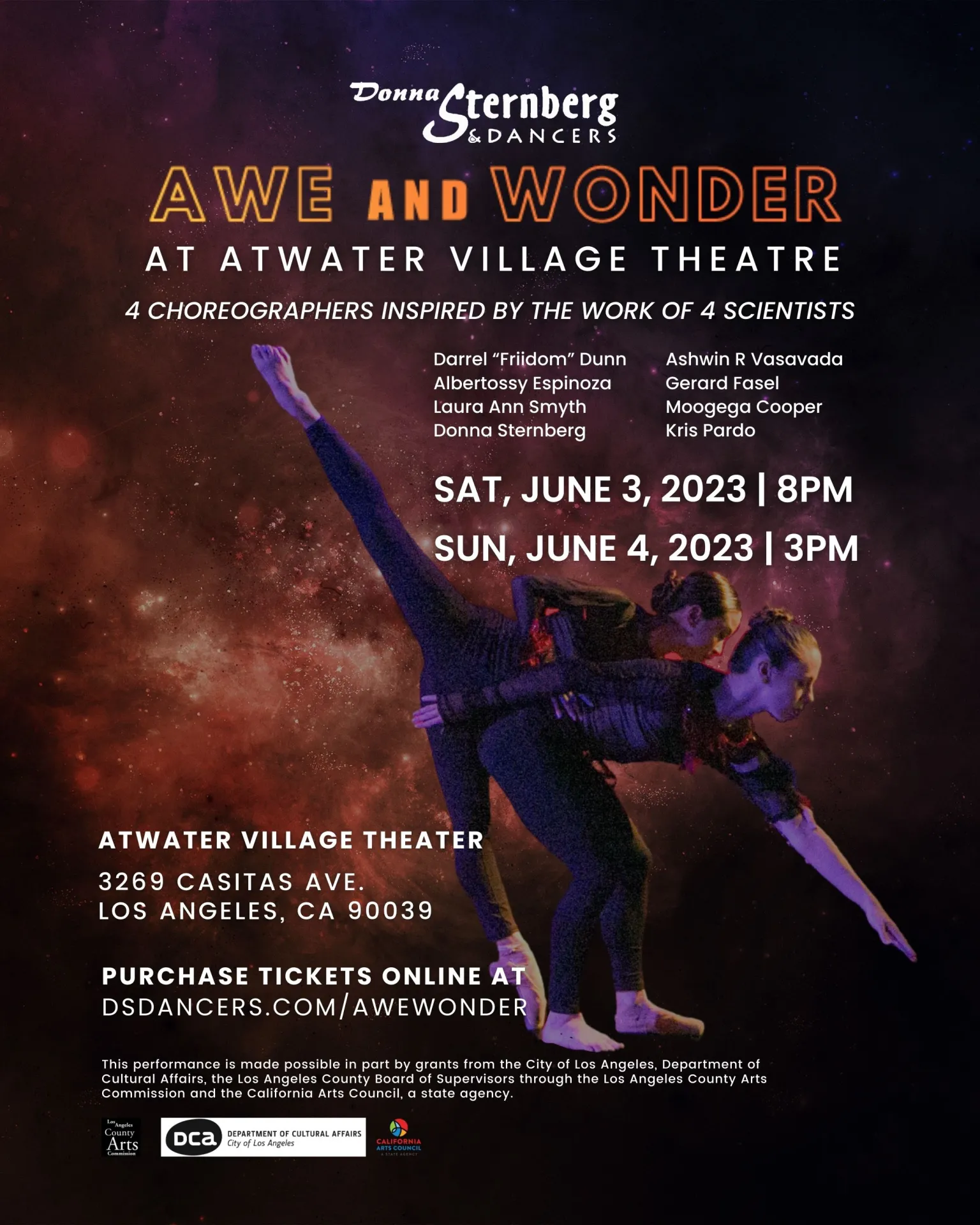 Two dancers surrounded by a galaxy. Flyer promoting Awe & Wonder a dance performance at the Atwater Village Theatre. June 3rd & 4th 