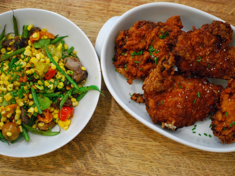 Succotash and fried chicken at Huckleberry