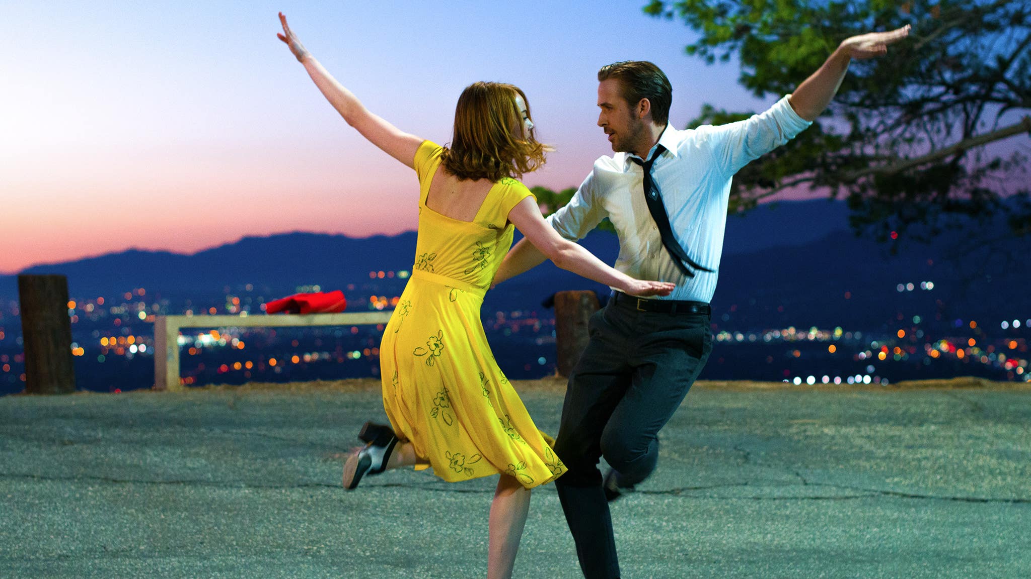Emma Stone and Ryan Gosling dancing in Griffith Park in "La La Land"