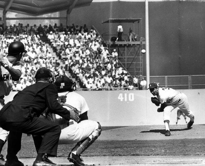 Sandy Koufax pitches in Game 4 of the 1963 World Series
