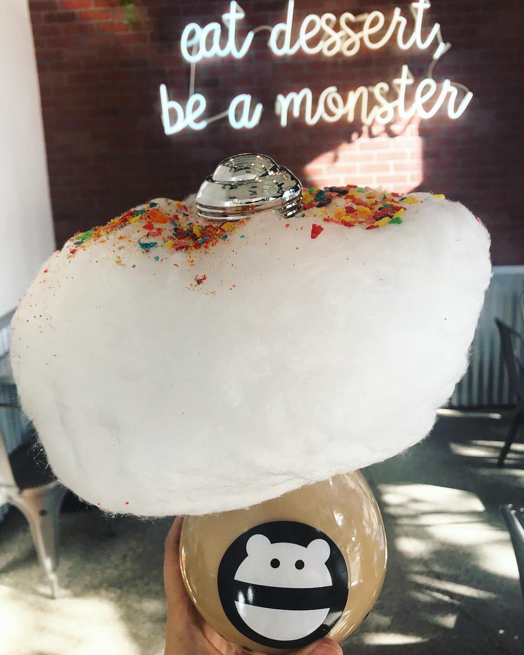 Honey tea with boba and “rainbow cloud” (cotton candy with fruity pebbles) at Snow Monster