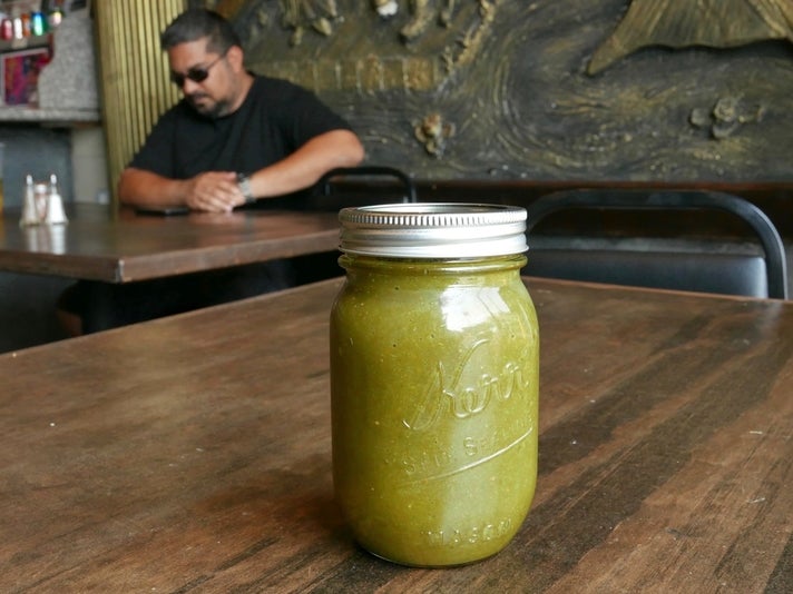 Hot sauce at Kashcool Kitchen | Photo by Joshua Lurie