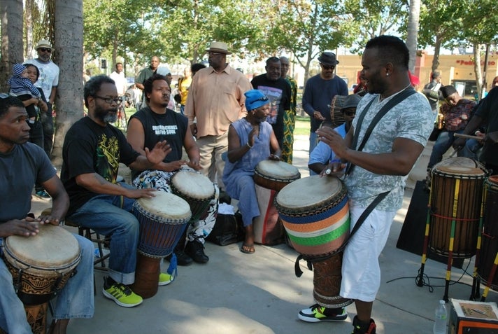 The famous drum circle at Leimert Plaza Park | Photo courtesy of Leimert Park Village, Facebook