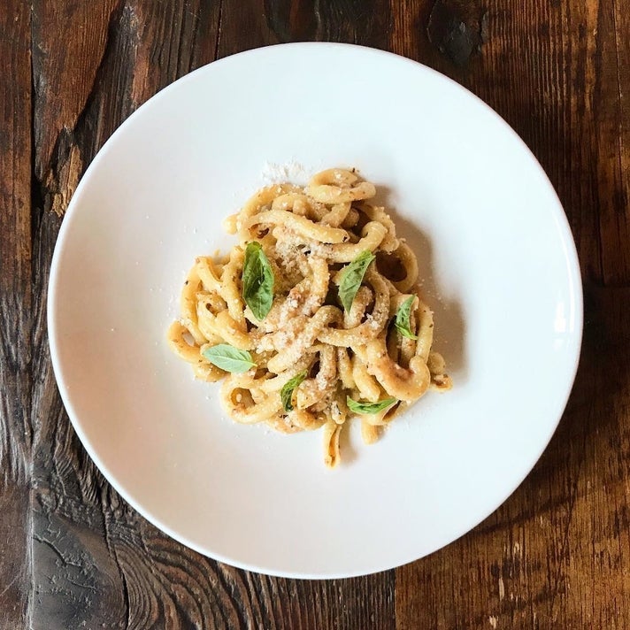 Spaccatelle with pesto trapanese, pecorino and basil at Sotto | Instagram by @sottola