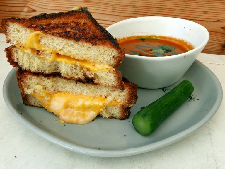 Brioche grilled cheese and vegan tomato soup at Superba | Photo by Joshua Lurie