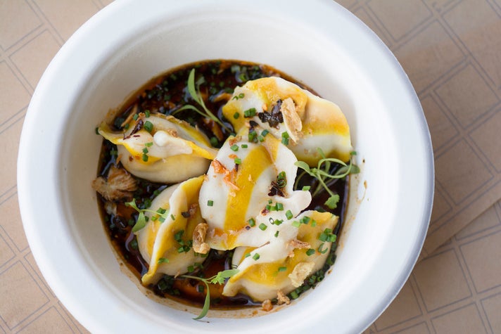 Steamed Chicken Jiaozi Dumplings by Ms Chi | Photo by Aliza Sokolow, courtesy of The Fields LA