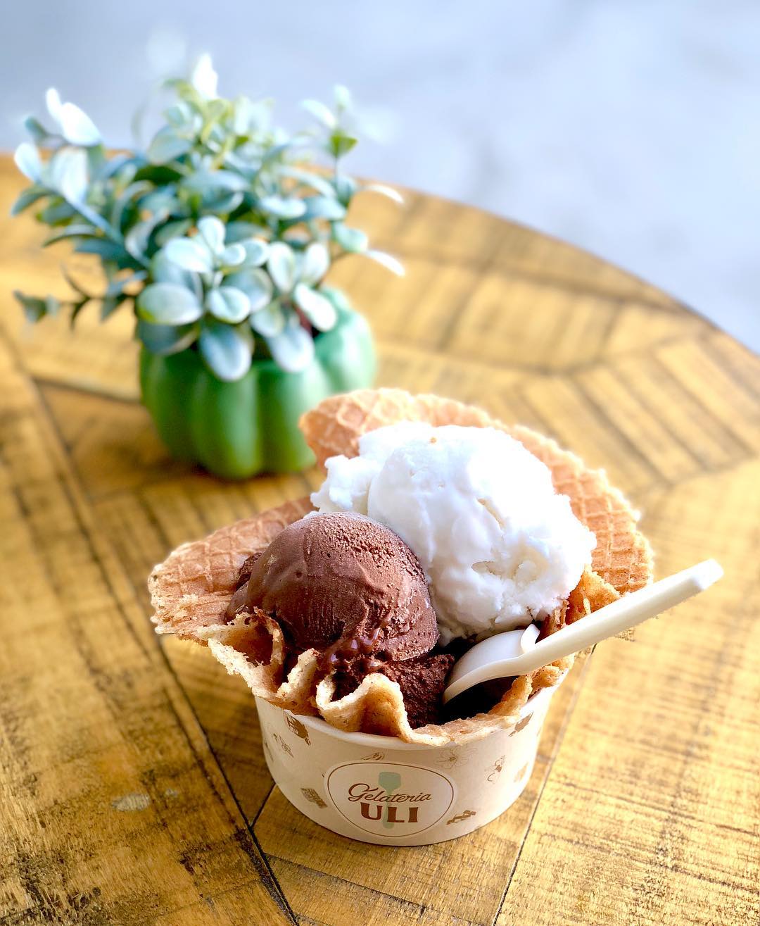 Coconut lemongrass sorbet and sea salt chocolate in a vegan waffle bowl at Gelateria Uli