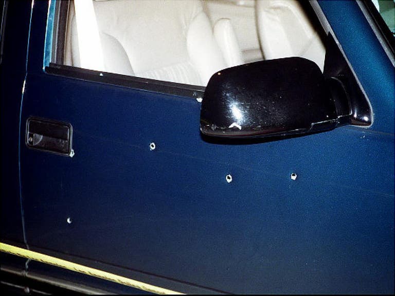 The bullet-ridden door of the SUV that Notorious B.I.G. was riding in when he was murdered