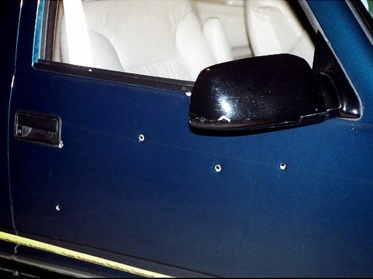 The bullet-ridden door of the SUV that Notorious B.I.G. was riding in when he was murdered