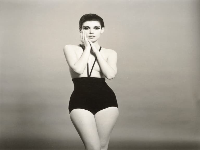Peggy Moffitt modeling the topless swimsuit, 1964
