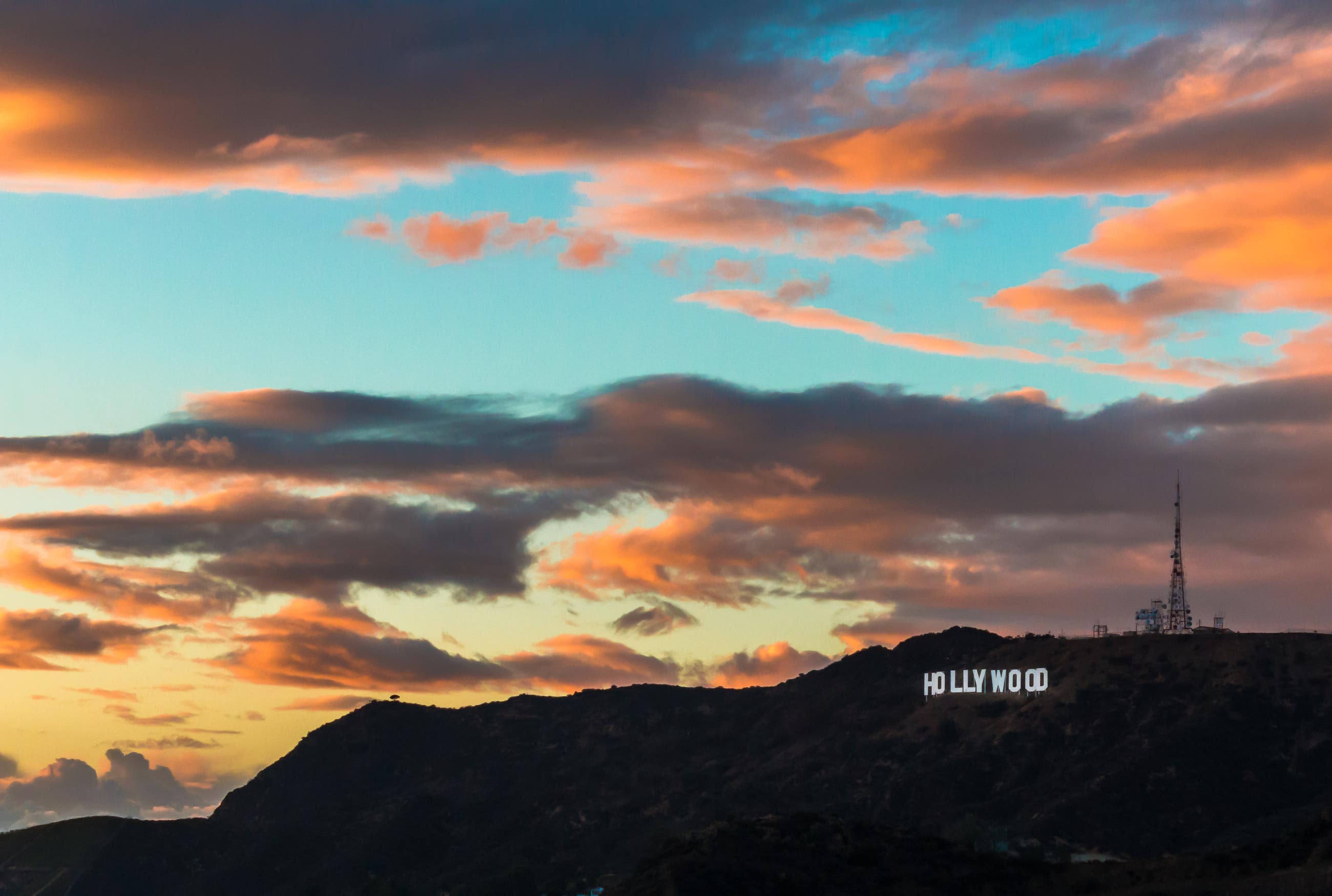 Hollywood Sign viewed from Griffith Observatory at sunset