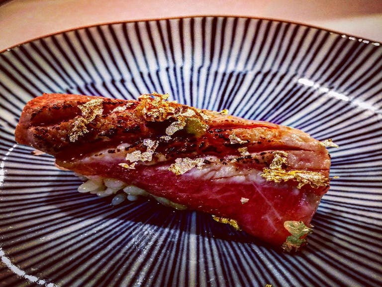 Seared bluefin toro with gold flakes at Okumura Restaurant in Encino