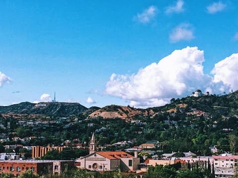 The Hollywood Sign and Griffith Observatory viewed from Barnsdall Art Park