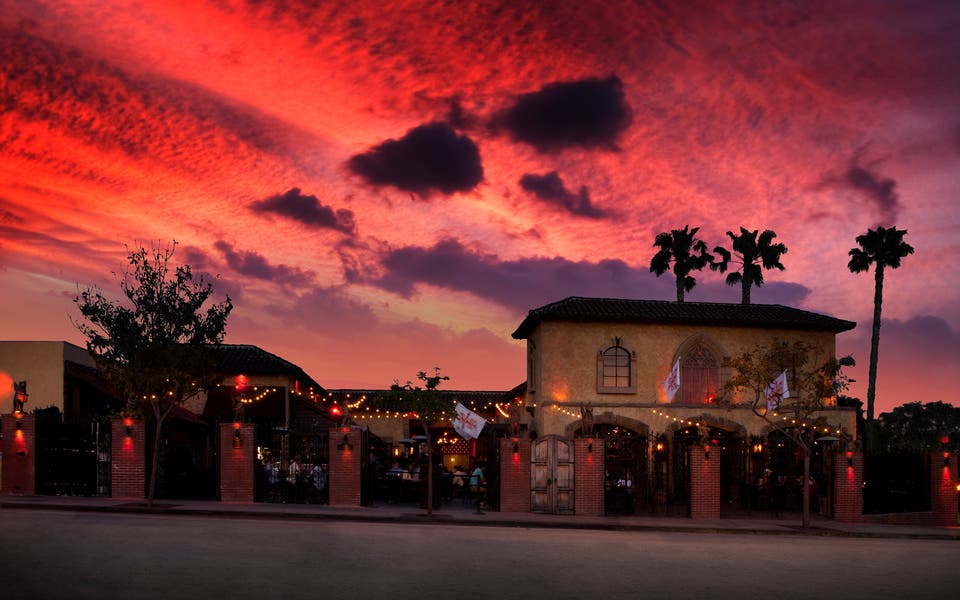 The Abbey Food & Bar exterior sunset