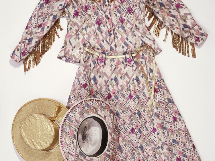 Woman's two-piece outfit from "Gold at the [Au]try" exhibit at the Autry Museum