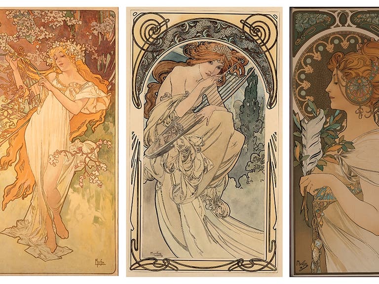 Alphonse Mucha, "Four Seasons - Spring - #1 of 4," c. 1896; "Allegorie de la musique," c. 1898; "La Plume," c. 1899 | Photo: Lucas Museum