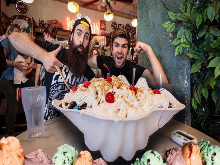 Two guys take the "Kitchen Sink" challenge at Fair Oaks Pharmacy & Soda Fountain in South Pasadena