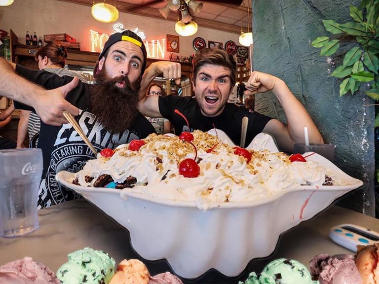 Two guys take the "Kitchen Sink" challenge at Fair Oaks Pharmacy & Soda Fountain in South Pasadena