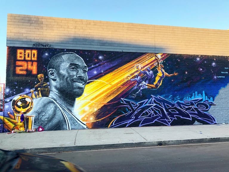 Kobe Bryant mural by Levi Ponce and others at Custom Auto Craft in Hancock Park