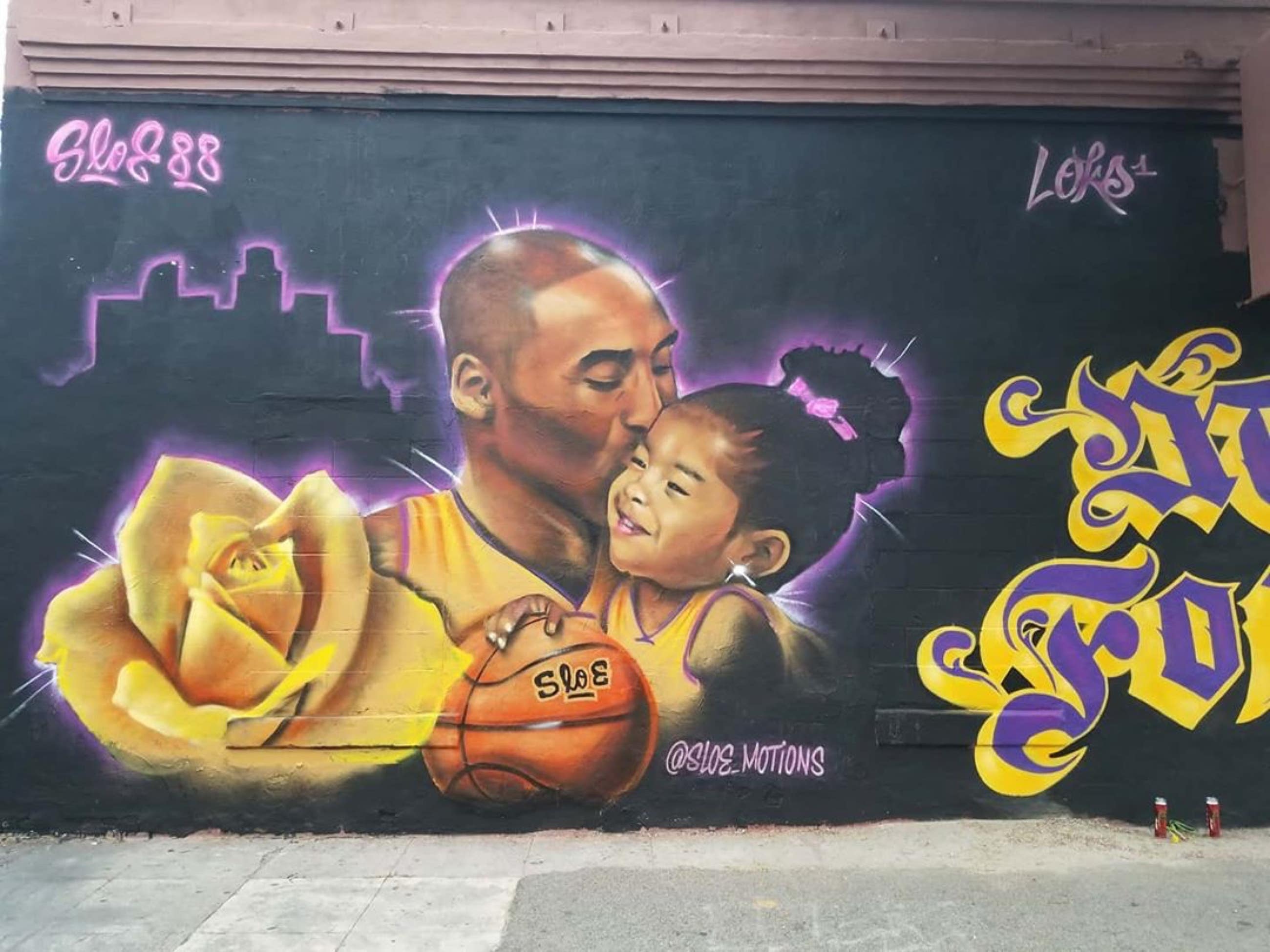 Detail of Kobe and Gianna Bryant mural in the LA Fashion District
