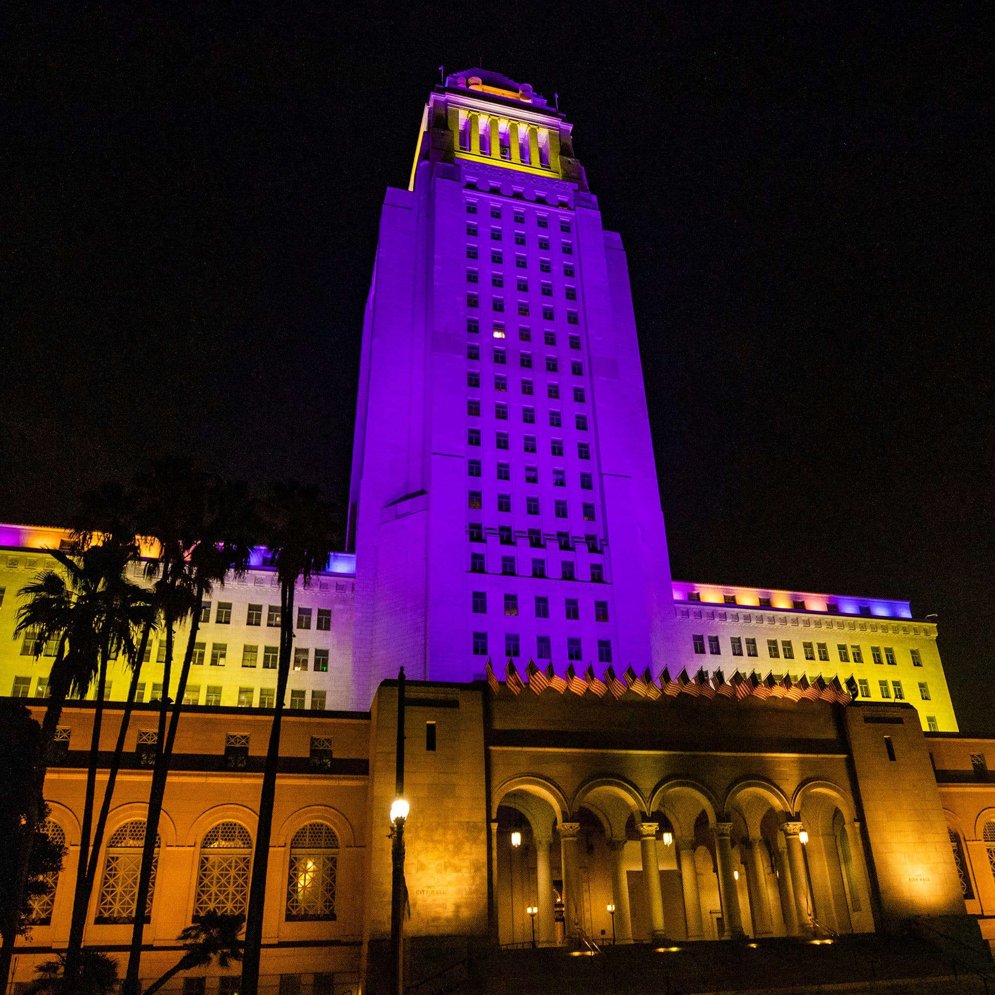 LA City Hall lit up in purple and gold in honor of Kobe Bryant