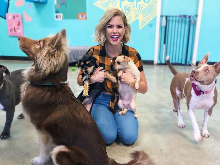NBC's Kim Caldwell surrounded by puppies at The Dog Cafe in Silver Lake