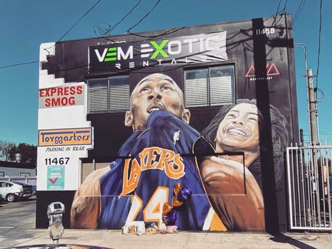 Kobe and Gianna Bryant mural by Artoon at VEM Exotic Rentals in Studio City