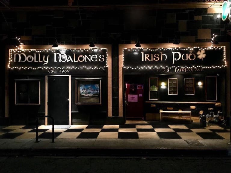 Exterior of Molly Malone's Irish Pub at night