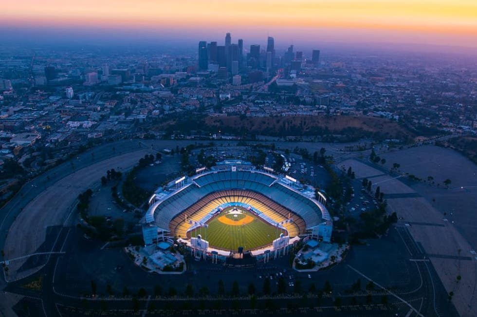 Aerial view of Dodger Stadium at sunset