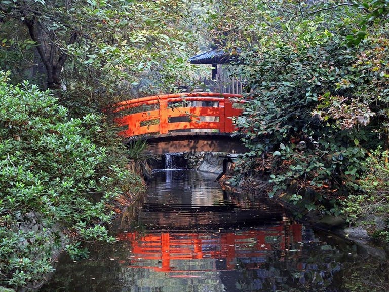 Red bridge in the Japanese Garden at Descanso Gardens