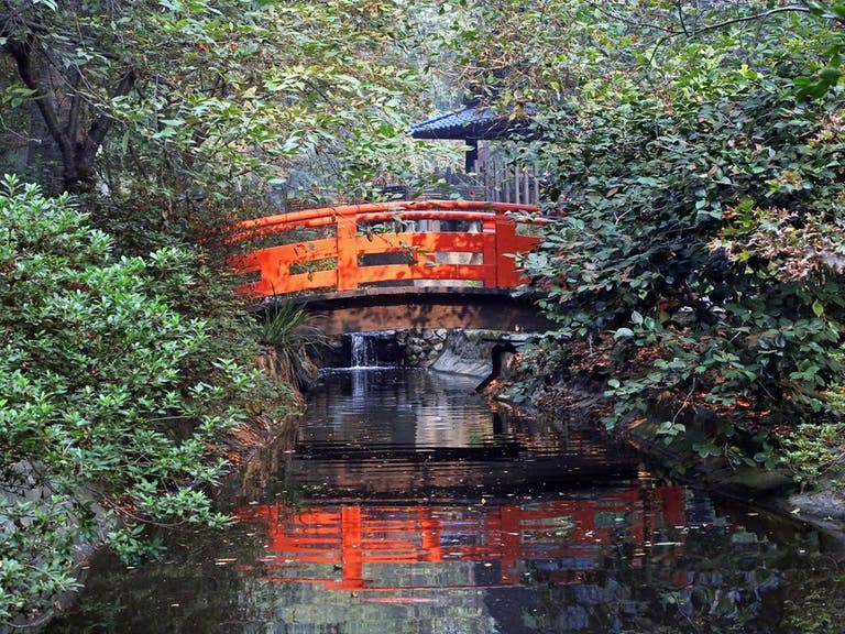 Red bridge in the Japanese Garden at Descanso Gardens