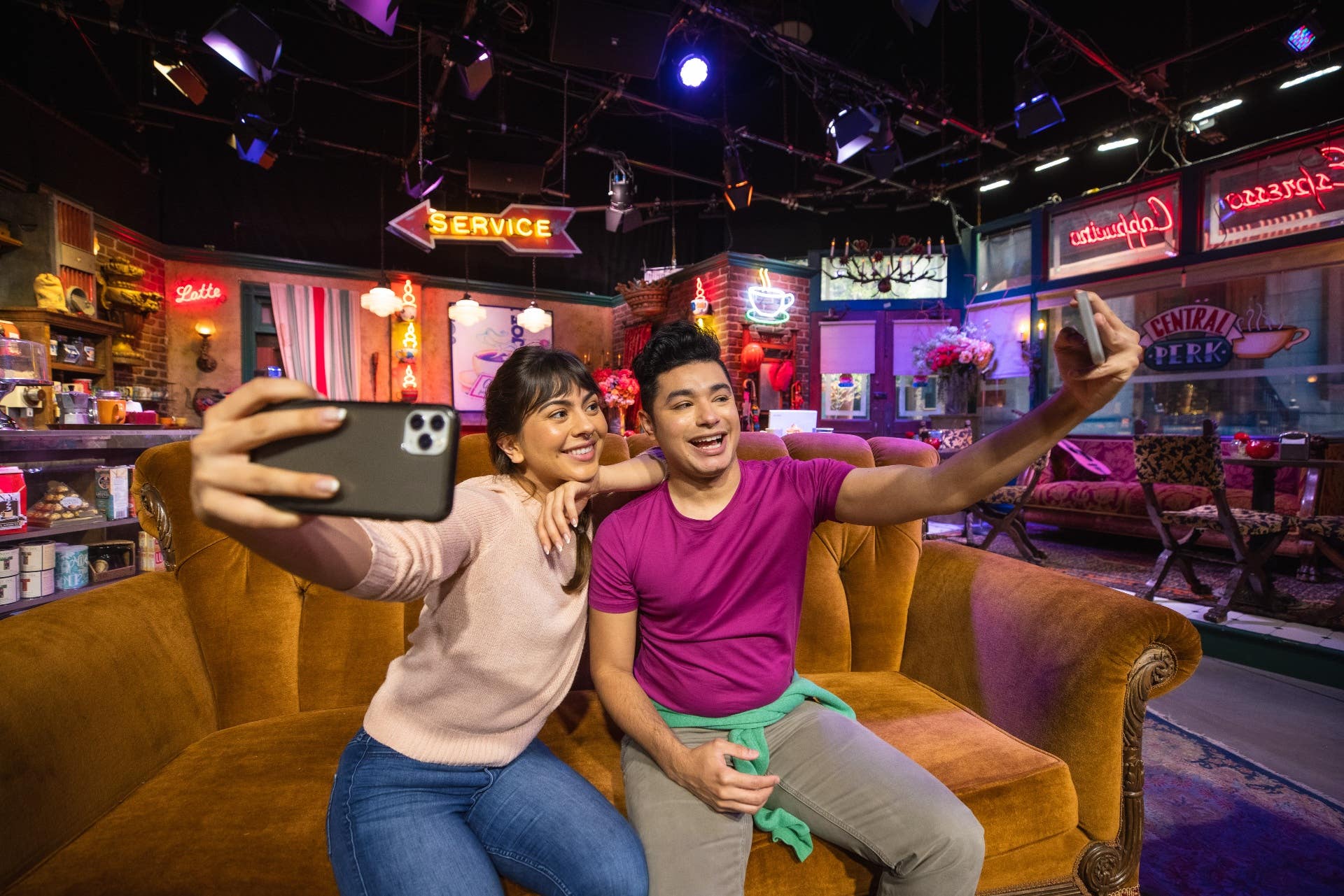 Selfies on the couch of the "Friends" Central Perk Set at Warner Bros. Studio Tour Hollywood
