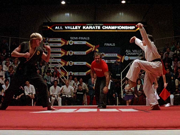 William Zabka and Ralph Macchio face off in "The Karate Kid"