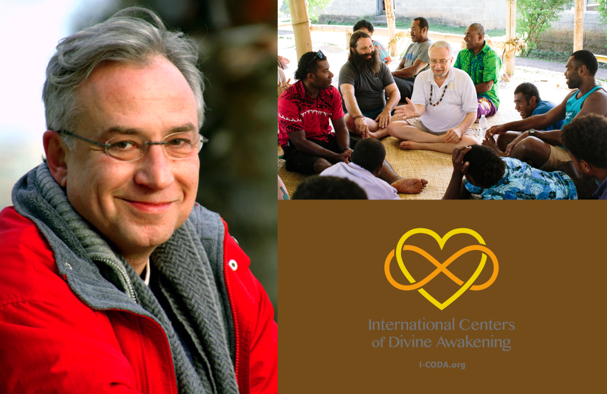 Swami Premodaya smiling, Swami Premodaya in Fiji with friends, ICODA logo in photo collage