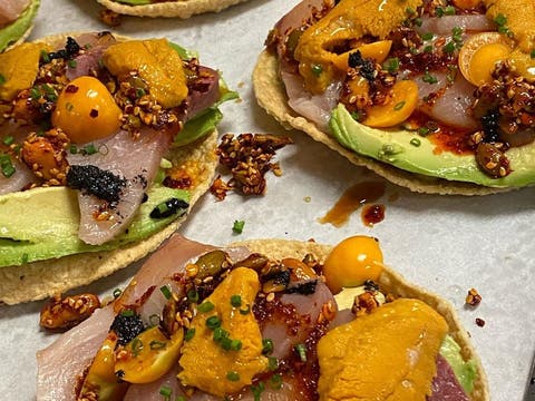 Uni & Hamachi Tostadas at Angry Egrette Dinette in Chinatown