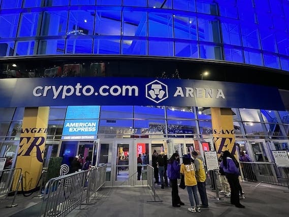 An image showing the entrance of Crypto.com Arena during a Lakers game