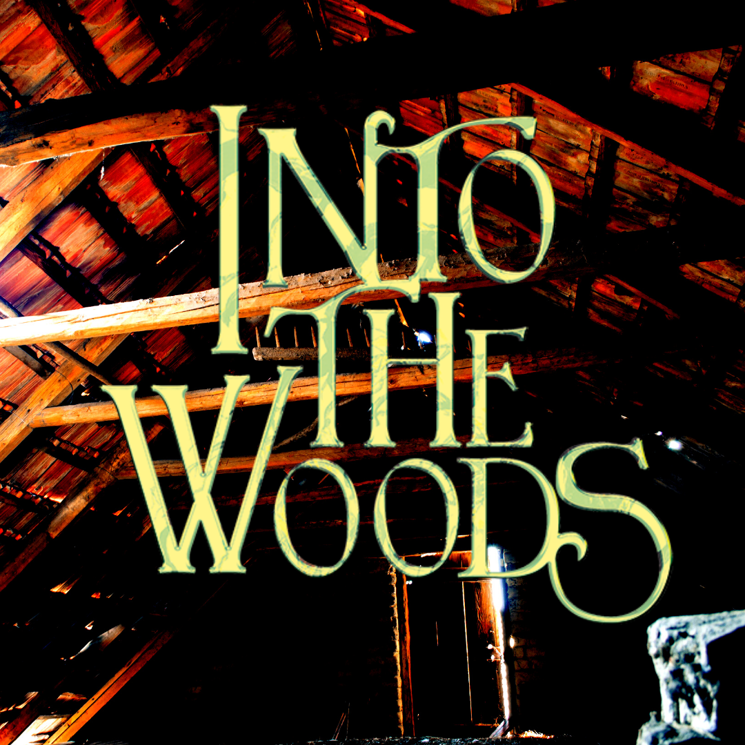 Into the Woods Logo in light yellow  in front of a dark room with wooden beams and a door with a crack of light shining through, reminiscent of an attic
