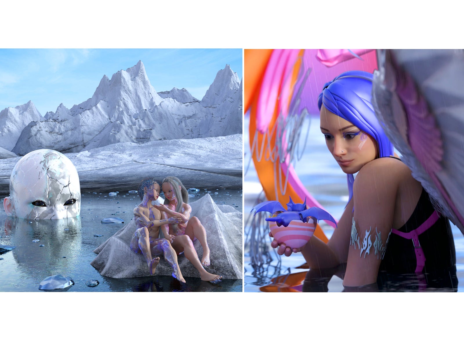 Work by Wednesday Kim (left) and Paola Pinna (right)