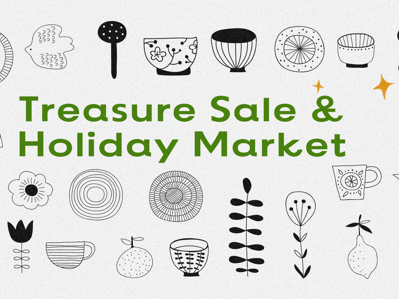 line drawings of bowls, teapots, and vases. Language reads: Treasure Sale & Holiday Market