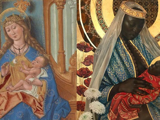 Left: Initial I: The Virgin and Child with the Gentleman from Cologne (detail), unknown, about 1500–1510. Tempera colors, gold and ink. Getty Museum. Right: Our Lady of Regla (detail), Harmonia Rosales, 2021. Oil on wood panel with 24k gold. Courtesy of and © Harmonia Rosales