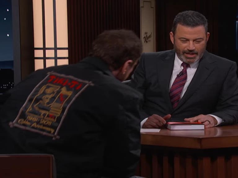 Quentin Tarantino wears a Tiki-Ti Golden Anniversary jacket on "Jimmy Kimmel Live!"