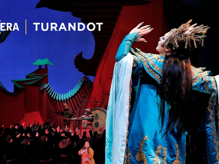 Woman in blue dress holding up bent arms. Set in the background. Text reads LA Opera Turandot.