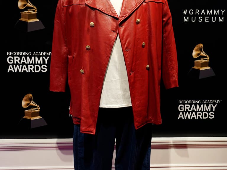 Red leather jacket and jeans worn by the Notorious B.I.G.