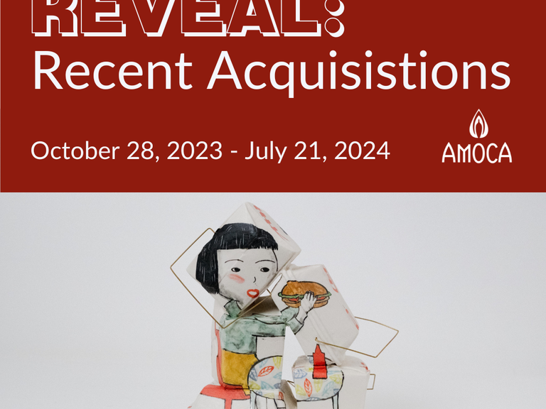 "REVEAL: Recent Acquisitions" text on red background above ceramic and painted takeout boxes