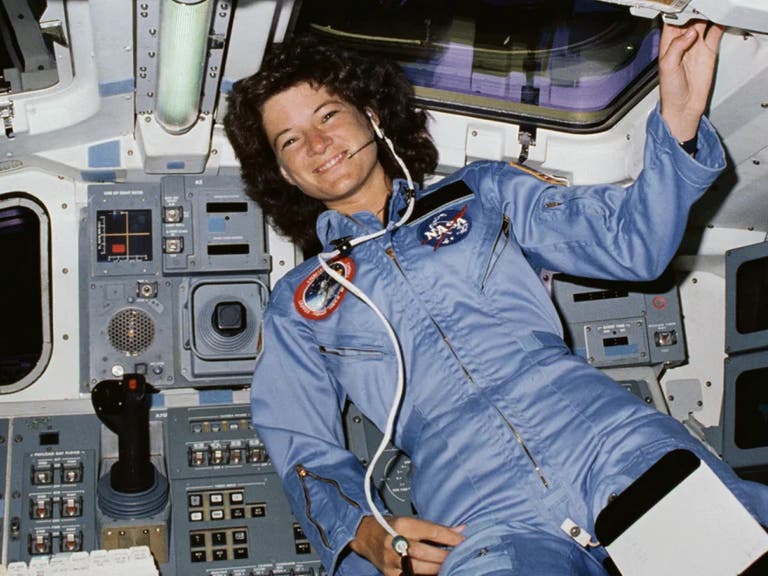 Sally Ride on the flight deck of the Space Shuttle Challenger during the STS-7 mission in 1983