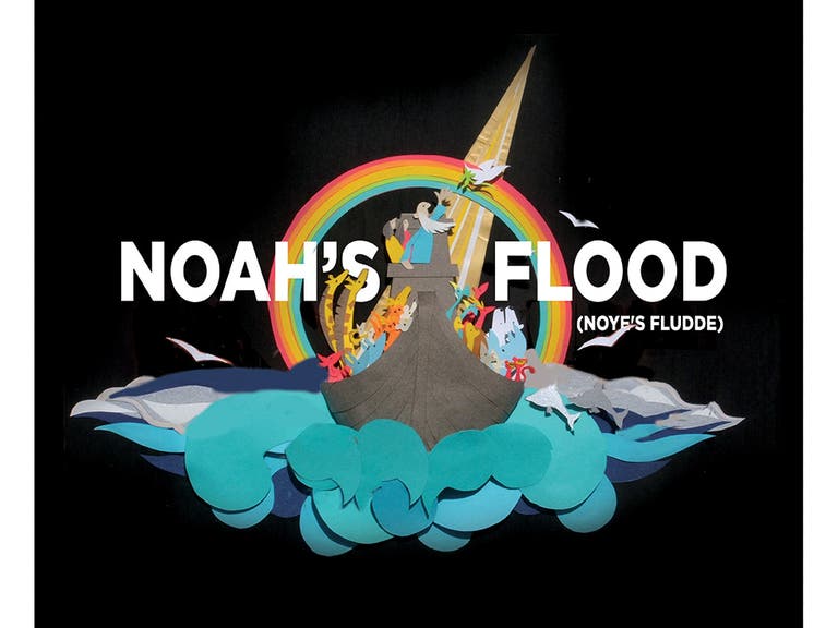 Art work of an ark filled with animals floating on the sea with a rainbow in the sky, Text reads: Noah's Flood (Noye's Fludde)